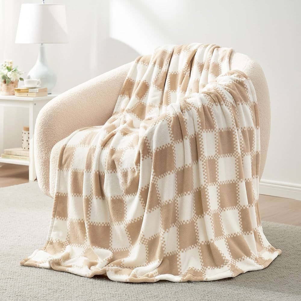 Cozy Bliss Beige Checkered Throw Blanket Ultra Soft Warm Milky Plush Fleece Blanket Checkerboard ... | Amazon (US)