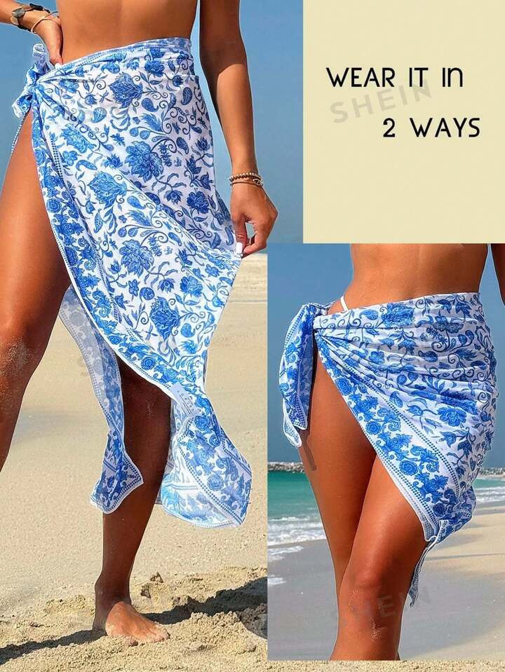 SHEIN Swim Vcay Summer Beach Women Tie Front Beach Vacation Cover Up With Printed Pattern | SHEIN