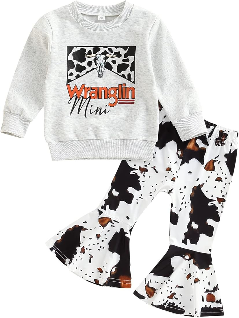 Toddler Baby Girl Fall Winter Clothes Set Letter Print Pullover Sweatshirt Top+Cow Spot Flared Pa... | Amazon (US)