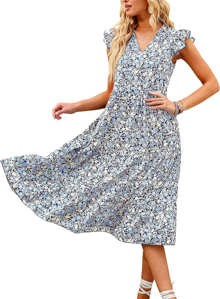 ANRABESS Women's Summer Floral Print Ruffle Mini Dress Bell Sleeve Elastic Waist Casual A Line Swing | Amazon (US)