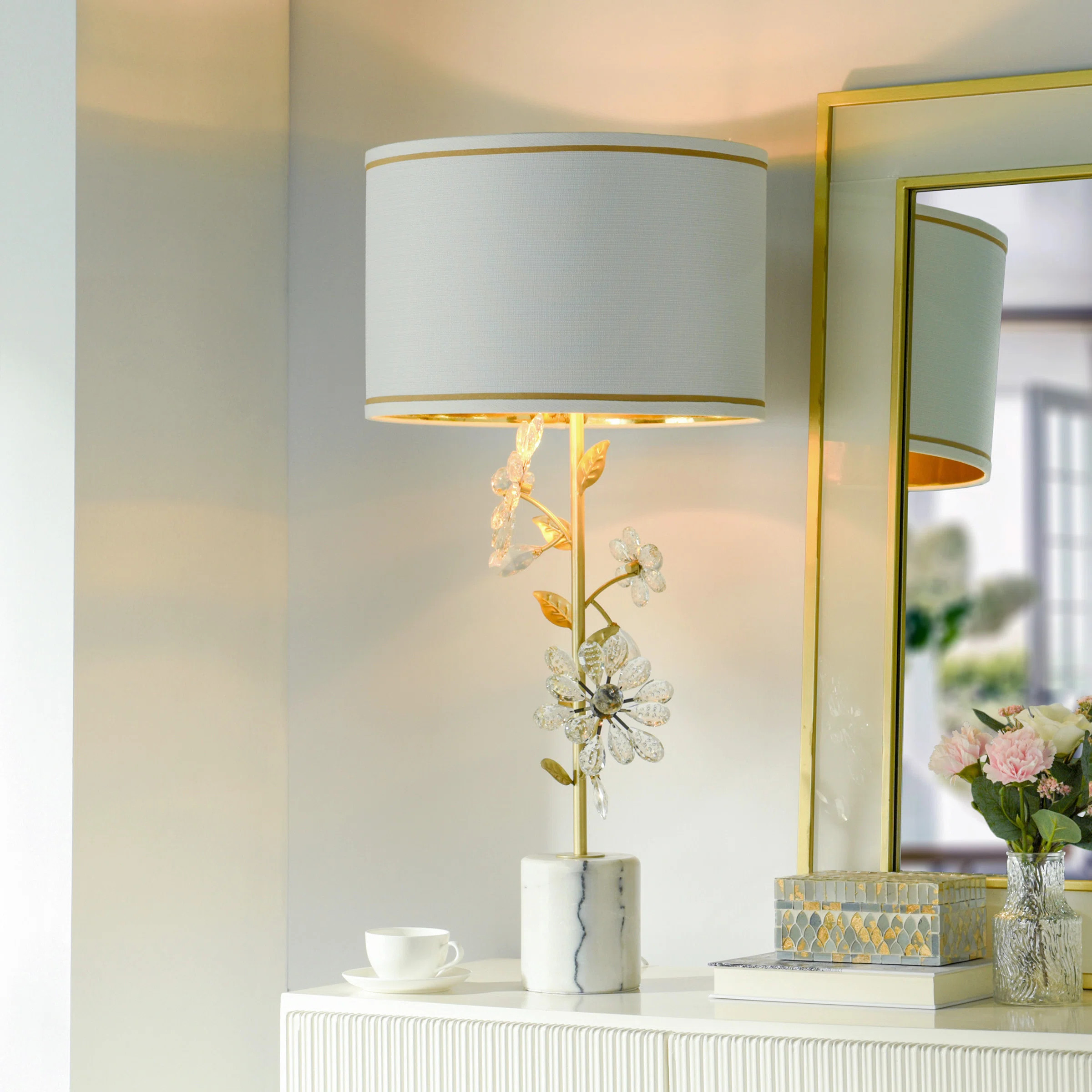 StyleCraft Home Crystal Flora - Metal Table Lamp - Off White with Thin Taupe Trim Shade | Wayfair | Wayfair North America