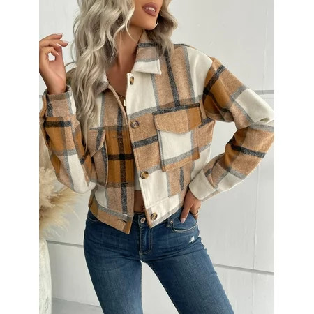 SEARIPE Women s Cropped Plaid Shacket Jacket Button Down Long Sleeve Flannel Shirt Jacket Coat Khaki M | Walmart (US)