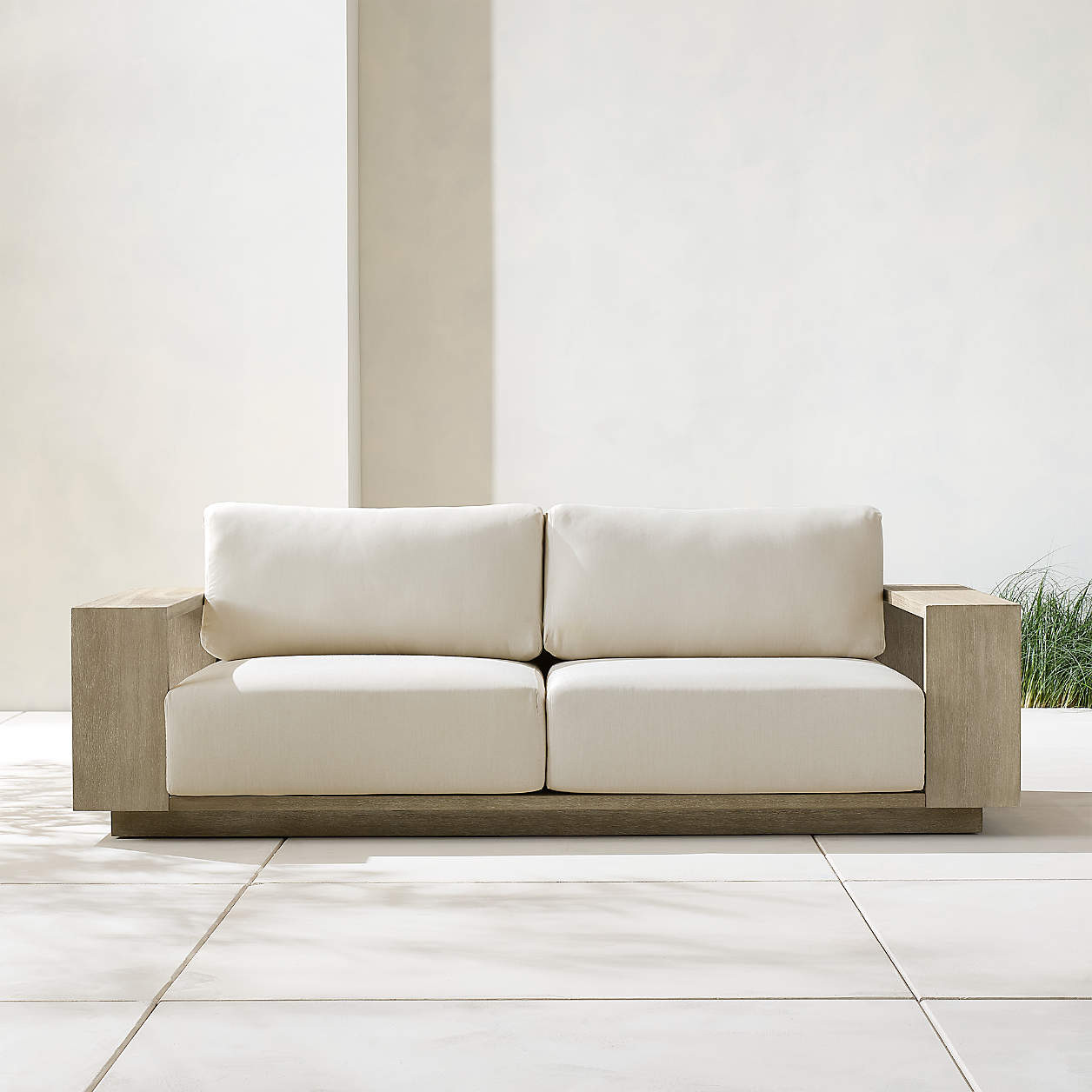 Mallorca 85" Wood Outdoor Sofa with Ivory Cushions + Reviews | Crate & Barrel | Crate & Barrel