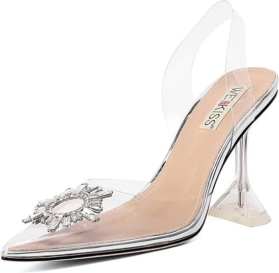 wetkiss Women's Clear Heels Shoes, Transparent PVC Crystal Rhinestones Slingback Wedding Pointed ... | Amazon (US)