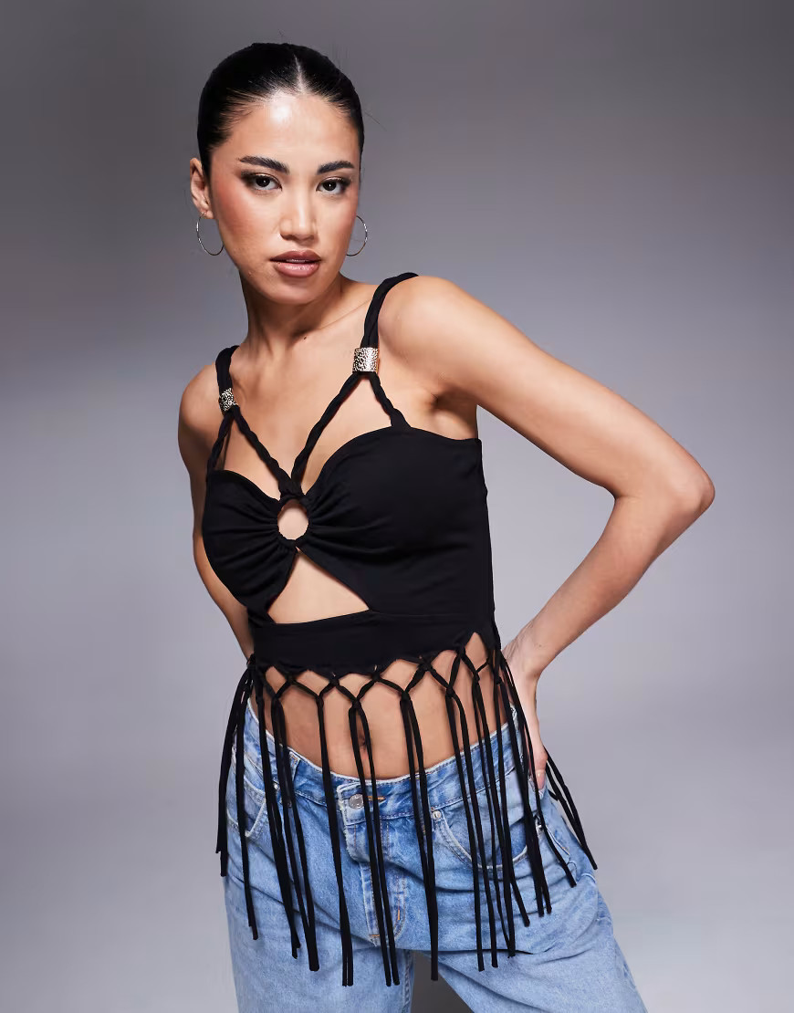 ASOS DESIGN ruched front fringed cami top in black | ASOS (Global)