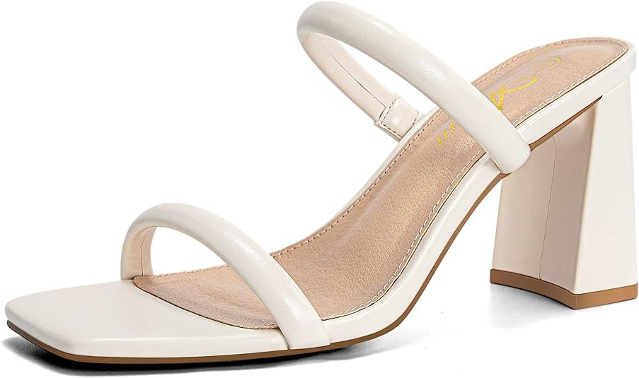 Athlefit Women's Square Open Toe Two Strap Heeled Sandals Slip On Block Chunky Heels Sandals | Amazon (US)