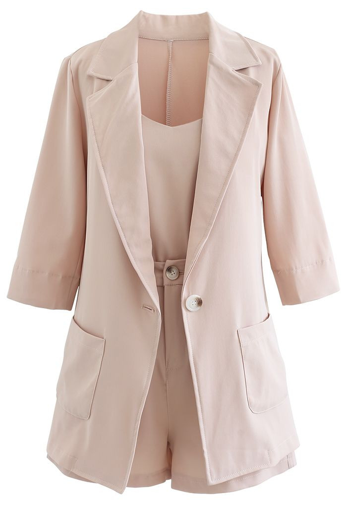 Three-Piece Blazer and Shorts Set in Blush Pink | Chicwish