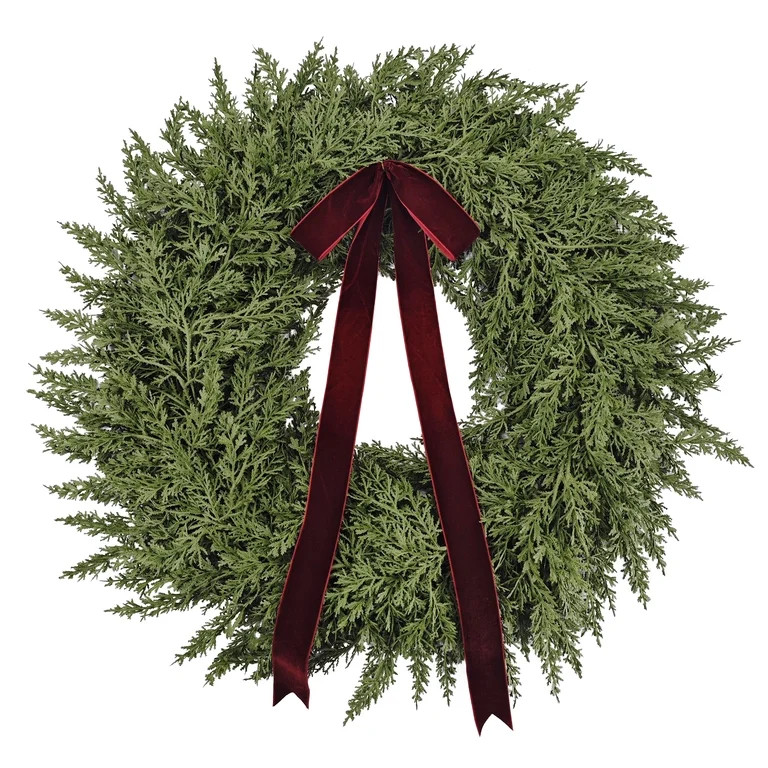 My Texas House Natural Feel Cedar Artificial Christmas Wreath with Bow, Green, 22" | Walmart (US)