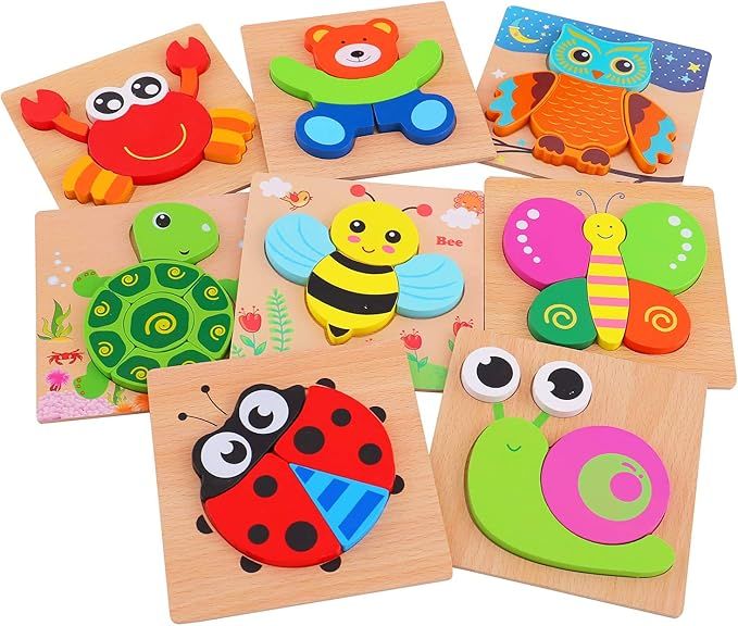 AOLIGE Wooden Jigsaw Puzzles Animal Educational Toys for Toddlers 1 2 3 Years Old Pack of 8 | Amazon (US)