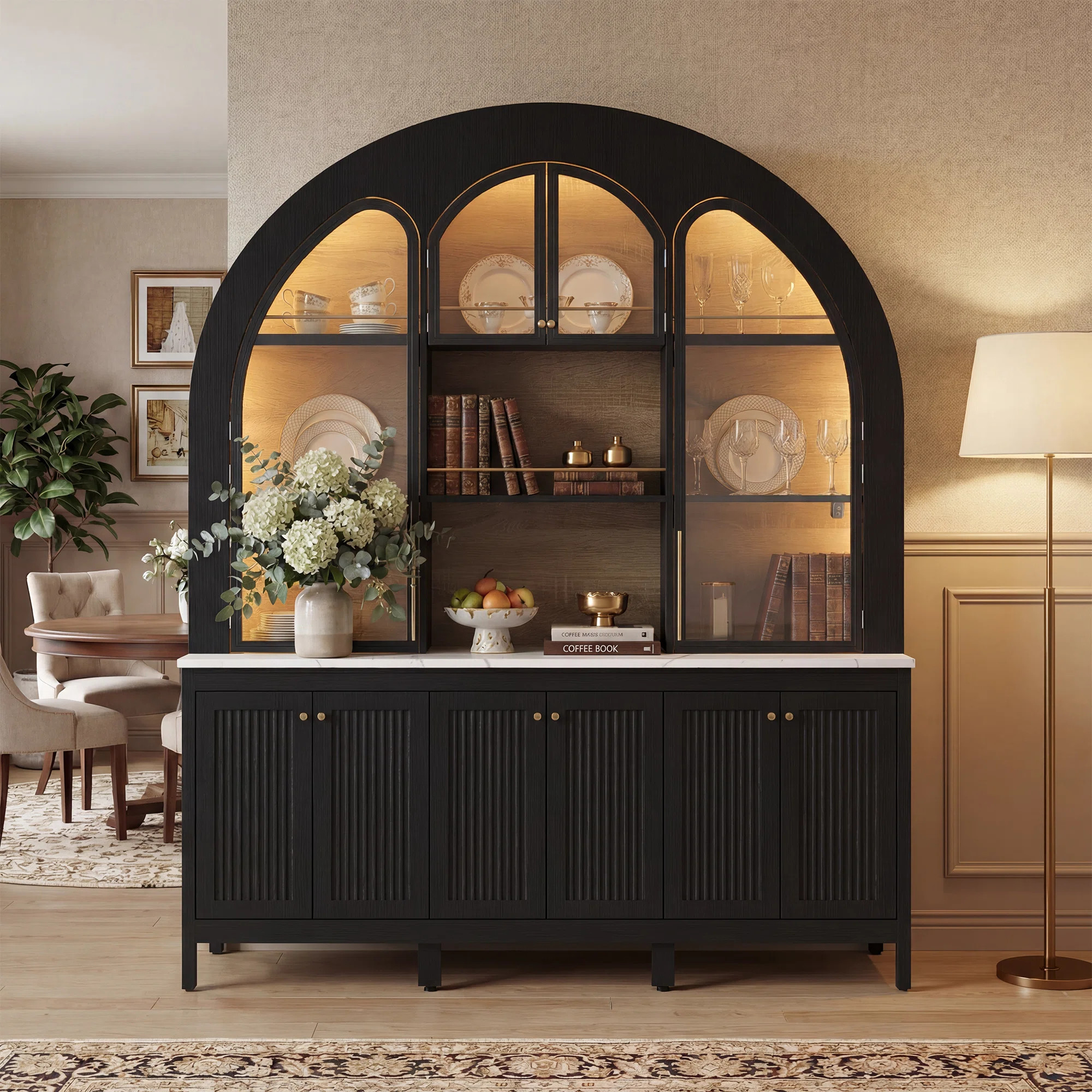 Large Glass Wine Cabinet With Arched Design, Bluetooth LED Lights | Wayfair North America