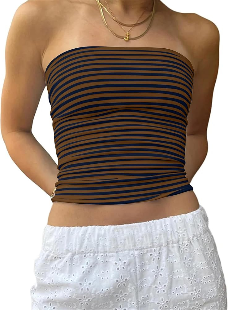 Cioatin Women Strapless Striped Bandeau Tube Tops Y2K Aesthetic Sleeveless Backless Crop Tank Goi... | Amazon (US)