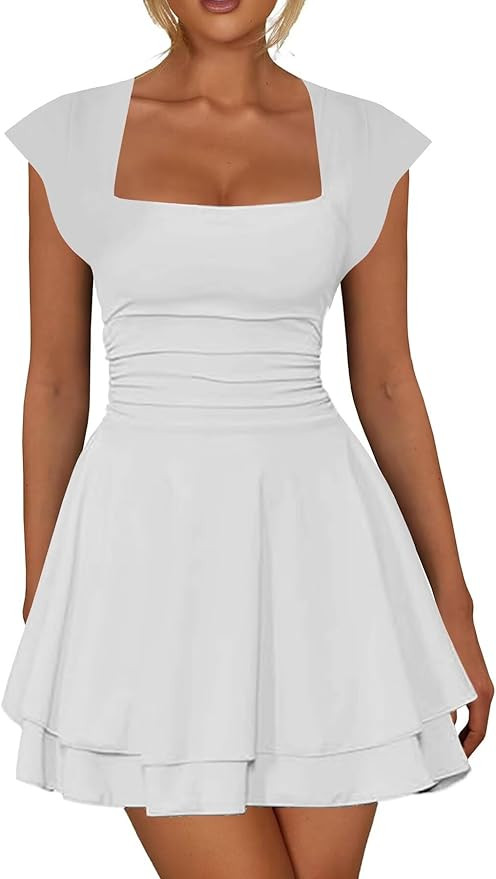 Neyaolk Women's Cap Sleeve Square Neck Ruffle Hem Mini Dress Ruched Waist Short Cocktail Party Dr... | Amazon (US)