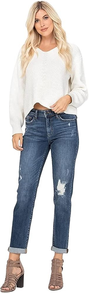 Judy Blue Mid-Rise Destroyed Boyfriend Slim Fit Cuffed Jeans | Amazon (US)
