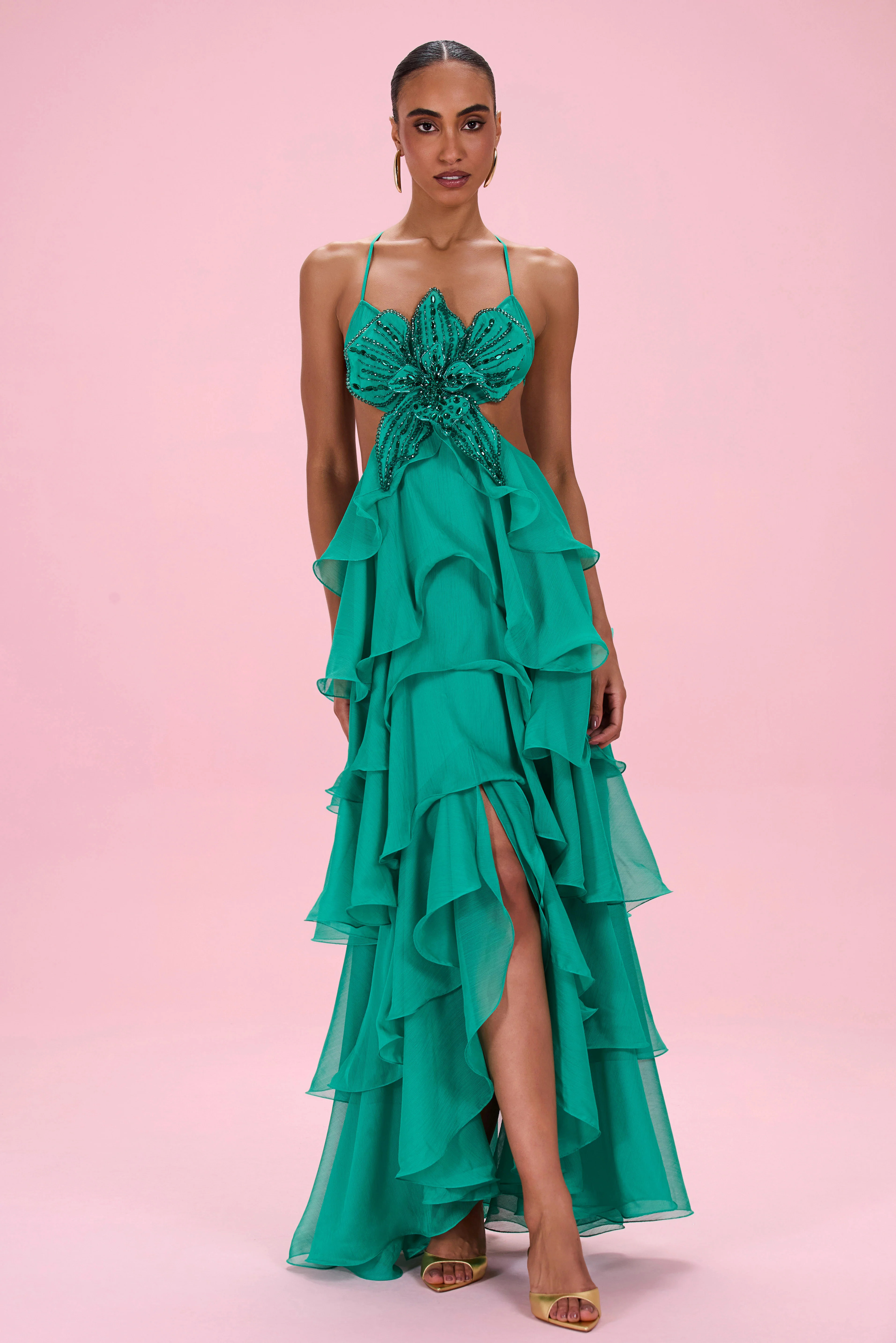 FLORAL CHIFFON EMBROIDERED GOWN | PatBO