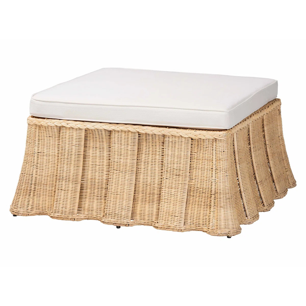 Bali & Pari Rotem Natural Rattan Ottoman With Cushion - Handwoven Wicker Pleated Skirt Accent Cof... | Wayfair North America