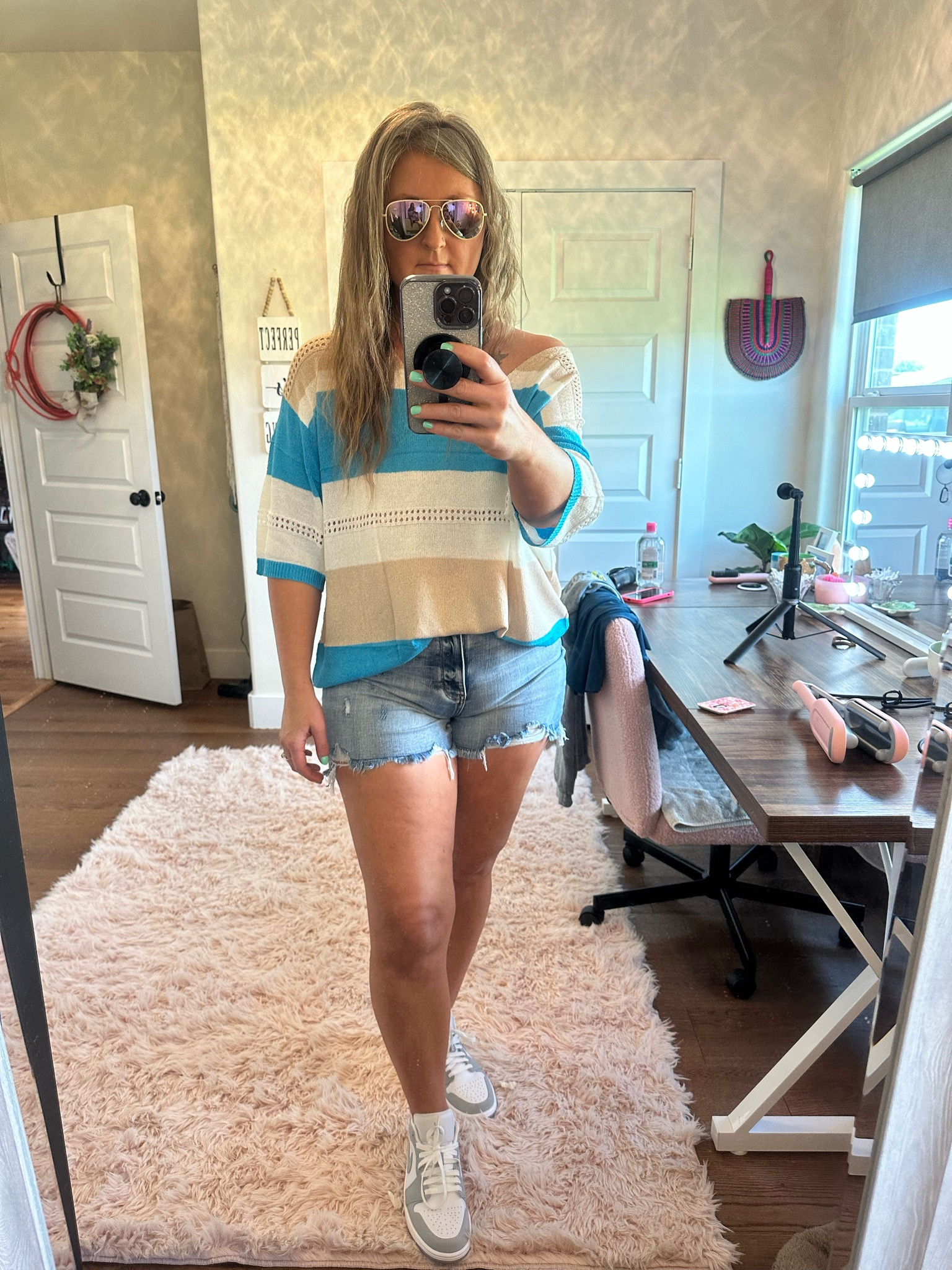 Summer Fit Inspiration, Jean Shorts, short sleeve top, aviator sunglasses, Nike Tennis Shoes

#LTKOver40 #LTKStyleTip #LTKMidsize