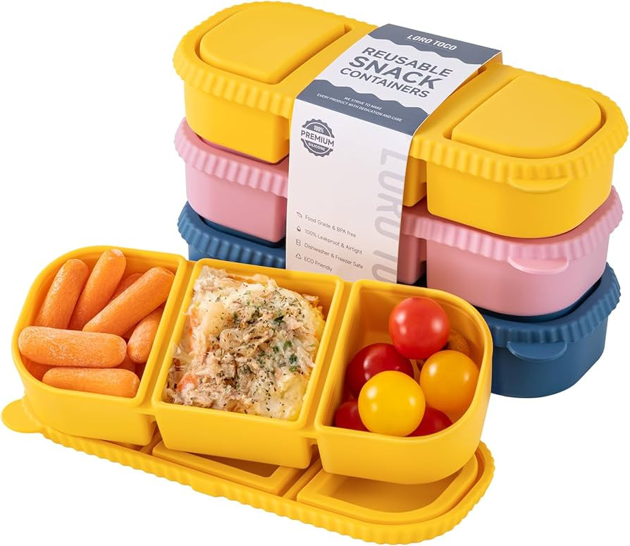 3 Pack Silicone Reusable Snack Containers with Lids - 3 Compartment Snackle Box for Kids & Adults... | Amazon (US)
