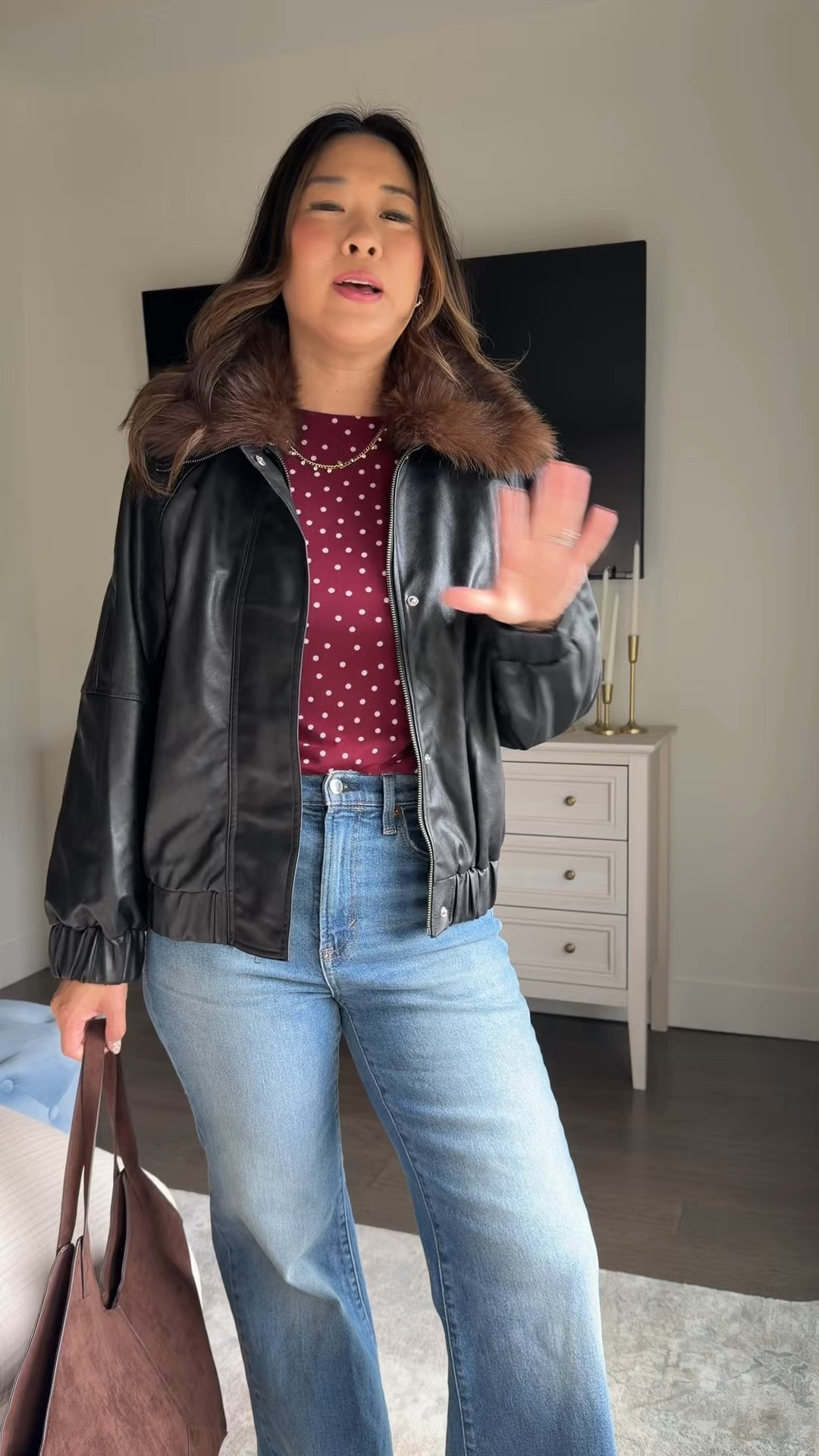 Target new arrivals
Top: Medium (could do Small)
Jeans (look like expensive Mother jeans): 6
Faux leather jacket: Small