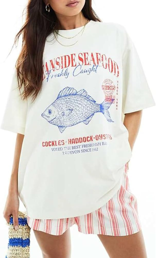 Women Cute Graphic Oversized Tees Fish Lobster Printed Y2K Baggy T Shirts Teen Girls Preppy Vinta... | Amazon (US)