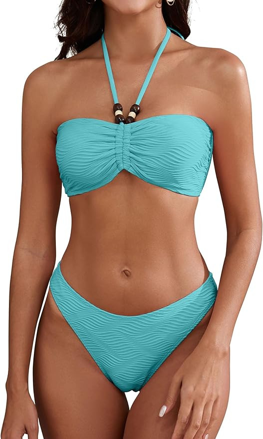 ZAFUL Women's Halter Bandeau Bikini Beaded Tie Back String Bikini Set Push Up Two Piece Swimsuit ... | Amazon (US)