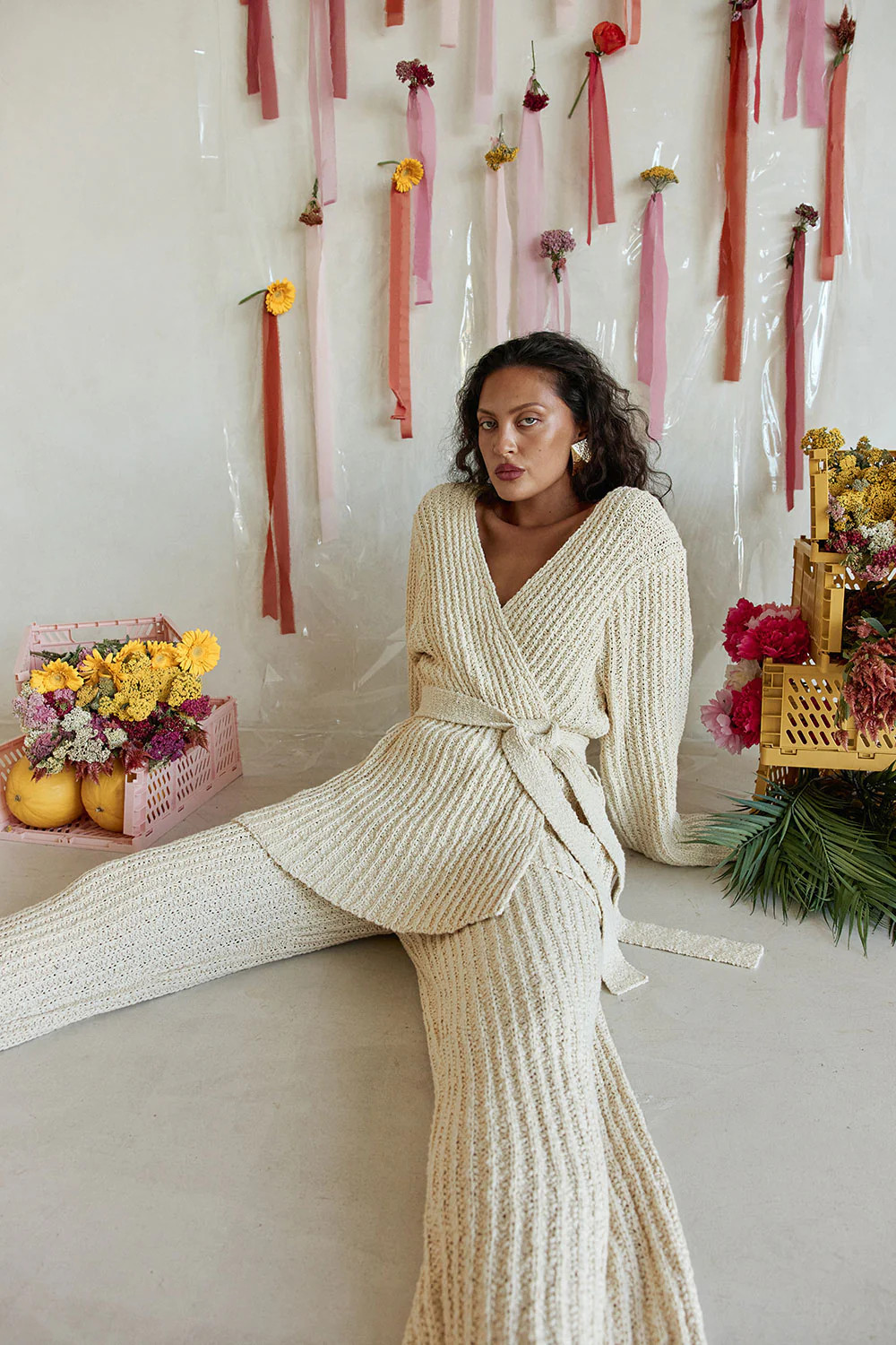 Cream Ribbed Knit Long Sleeve Wrap Noble Cardigan | Sabo Skirt AU