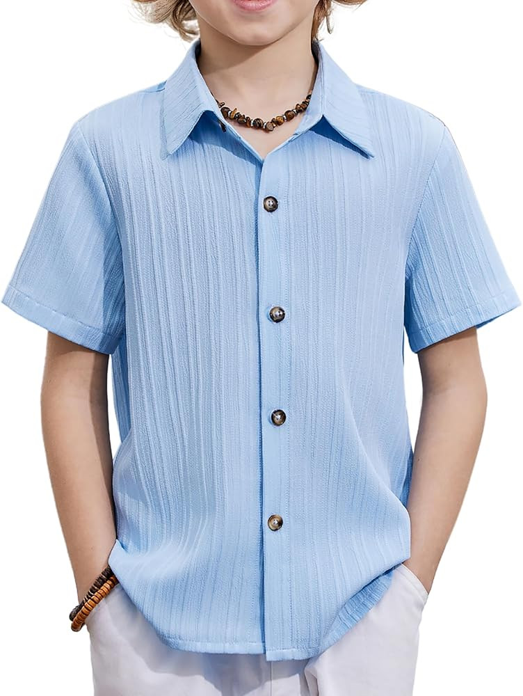 Arshiner Boys Casual Short Sleeve Button Down Shirt Fashion Textured Summer Beach Shirt 3-13 Year... | Amazon (US)