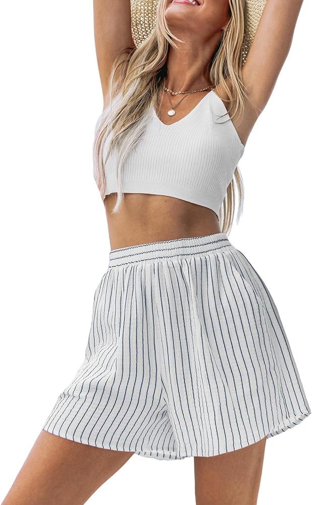 CUPSHE Womens High Waist Striped Shorts 2024 Summer Casual Wide Leg Belted Cotton Shorts | Amazon (US)