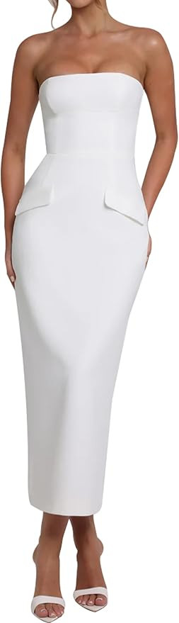 Azhong Women's Summer Strapless Sleeveless Tube Sexy Strapless Bodycon Midi Club Dress Back Slit ... | Amazon (US)