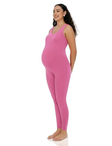 POSHDIVAH Women's Maternity Jumpsuit Romper Pregnancy Leggings Sleeveless Tank Top Bodycon Bodysuit Shapewear, Pink Medium | Amazon (US)
