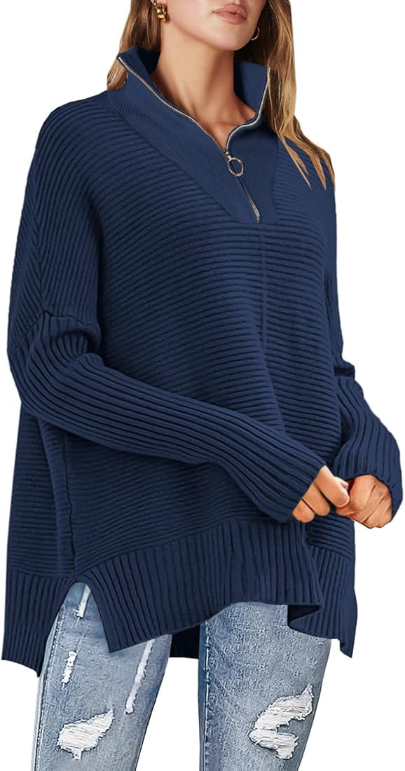 ANRABESS Womens Oversized Half Zip Sweater Casual Knit Pullover Tunic Sweater with Slit 2023 Tren... | Amazon (US)
