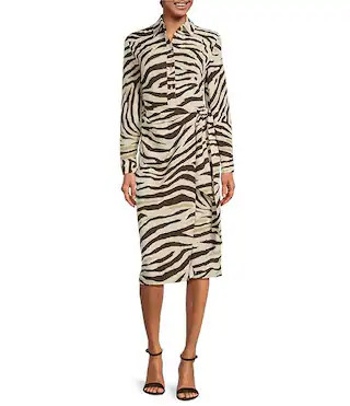 Zebra Crepe De Chine Point Collar Tie Front Faux Wrap Dress | Dillard's