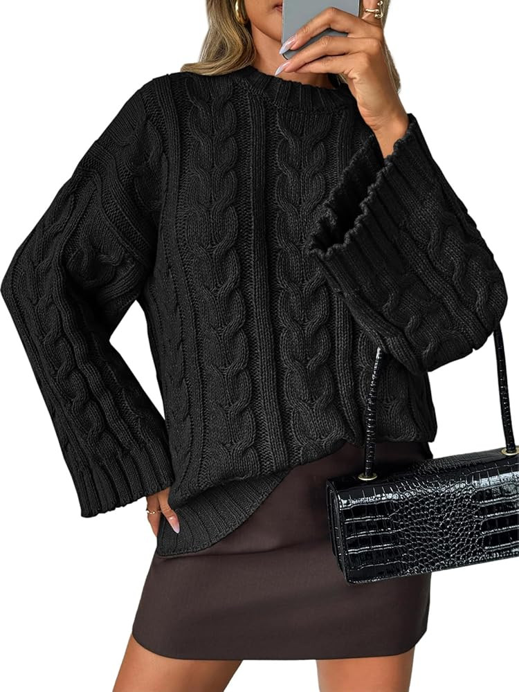 Saodimallsu Womens Oversized Sweaters Cable Knit Bell Batwing Sleeve Crew Neck Fall Winter Chunky... | Amazon (US)