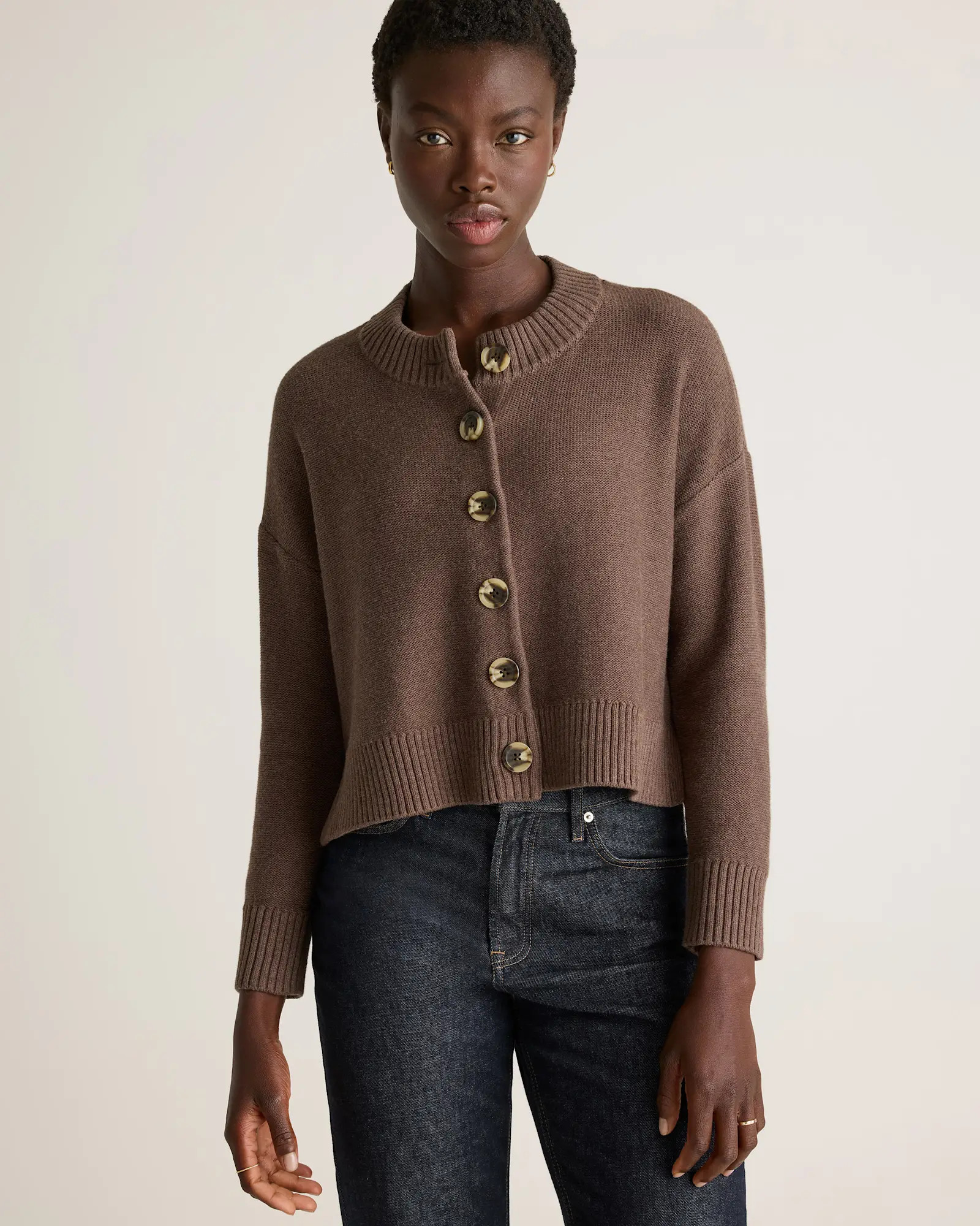 100% Organic Cotton Cropped Cardigan in Heather Brown | Quince