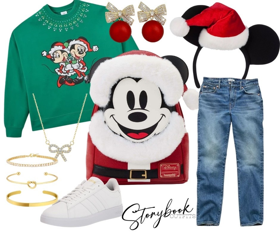 This Ho Ho Holiday Magic outfit features-
Santa Mickey backpack-so cute
Festive Mickey & Minnie sweatshirt — cozy, nostalgic, and totally park-perfect
Sparkly bow jewelry because holidays call for all the shimmer
Santa Mickey ears for big festive energy
Classic jeans and crisp white sneakers — comfortable for all the parades and cocoa runs
This fit says:
"I’m here for the cookies and holiday fireworks."
Hot cocoa in one hand, churro in the other.
Ready for every magical photo spot.

#LTKStyleTip 

#LTKTravel