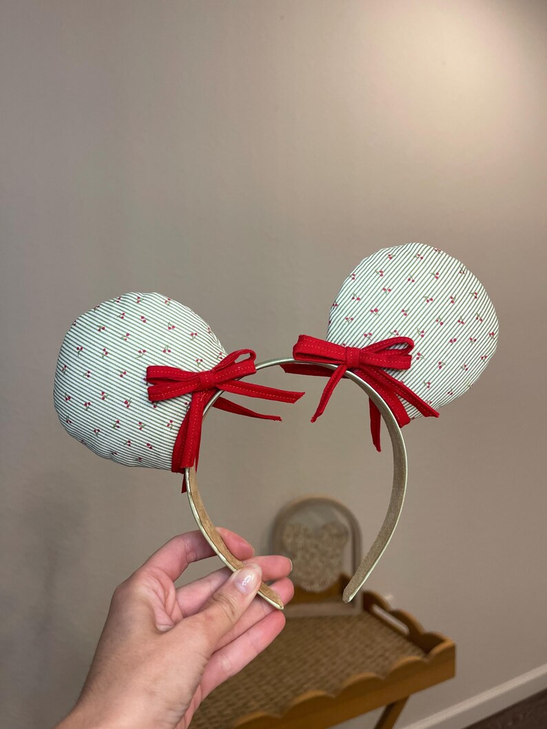 Disney Inspired Green Pinstripe Cherry “Cherry Picnic” with Red Bow Mickey Ears | Etsy (US)