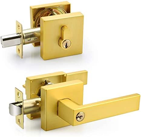 EHOMEWARE 4 Pack Contemporary Satin Brass Entry Lever Door Handle and Single Cylinder Deadbolt Lo... | Amazon (US)