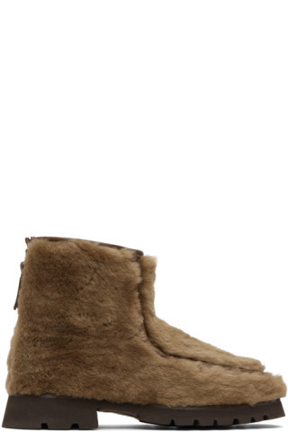 Brown Shearling Armenta Low Zipped Boots | SSENSE