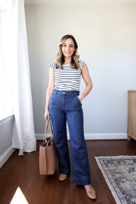 Petite-friendly trouser jeans! 

These have a 27” inseam that works well with flats in petite. I’m wearing them in my true size, petite 24 

Top: xxs 
Flats: tts 

My measurements for reference: 4’10” 105lbs bust, waist, hips 32”, 24”, 35” size 5 shoe 

#LTKSeasonal