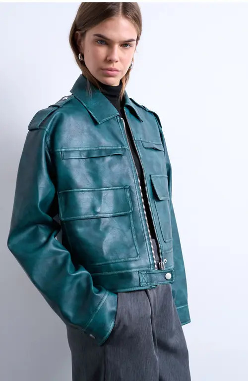 Topshop Washed Faux Leather Zip Jacket in Turquoise at Nordstrom, Size Large | Nordstrom