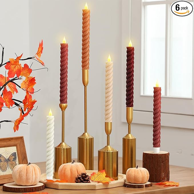 6 Pcs Fall Flameless Taper Candle Twisted LED 9.65 Inch Fall Taper Candles Battery Operated Twist... | Amazon (US)