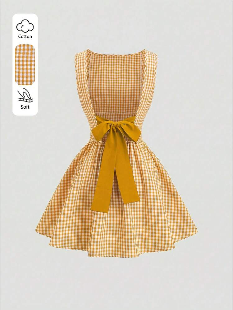Sweetra Vestido Casual De Mujer Con Cuello De Barco, Sin Mangas, Con Estampado De Cuadros, Espalda Descubierta, Contraste De Color, Lazo En La Cintura Y Silueta Evasé, Para Primavera/Verano | SHEIN