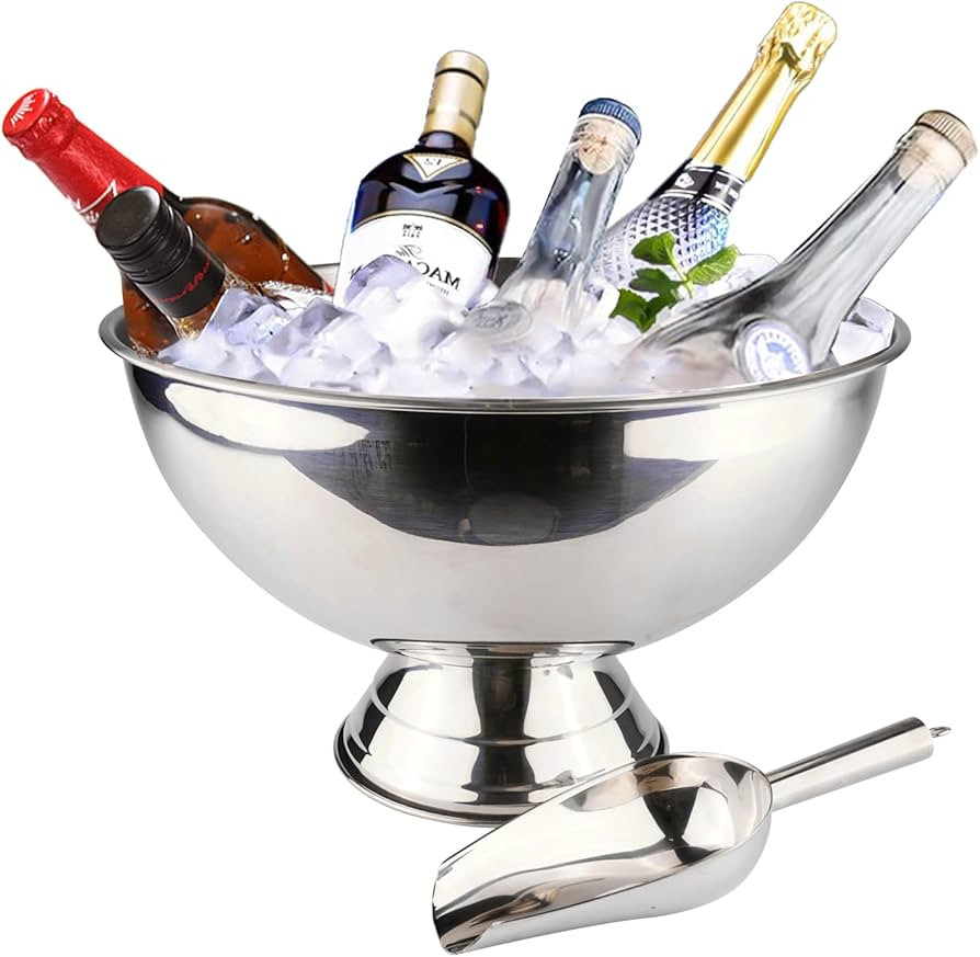 Large Ice Bucket 13L Stainless Steel Champagne Bowl Ice Bucket with Ice Scoop Semicircle Drink Tu... | Amazon (US)