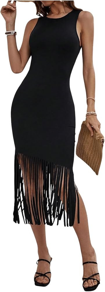 SweatyRocks Women's Fringe Bodycon Midi Dresses Crew Neck Sleeveless Going Out Slim Fit Sundress | Amazon (US)