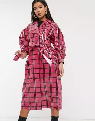 ASOS DESIGN vinyl check trench coat in pink | ASOS (Global)
