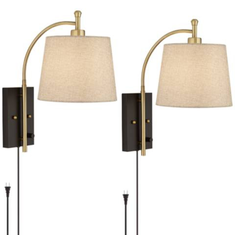 Chester Antique Brass and Black Swing Arm Wall Lamps Set of 2 | Lamps Plus