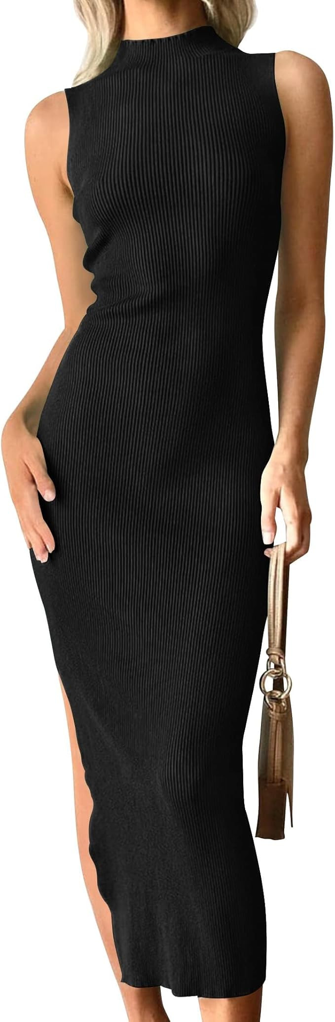 ZESICA Women's 2024 Summer Knitted Sweater Dress Sleeveless Mock Neck Ribbed Side Slit Bodycon Ta... | Amazon (US)