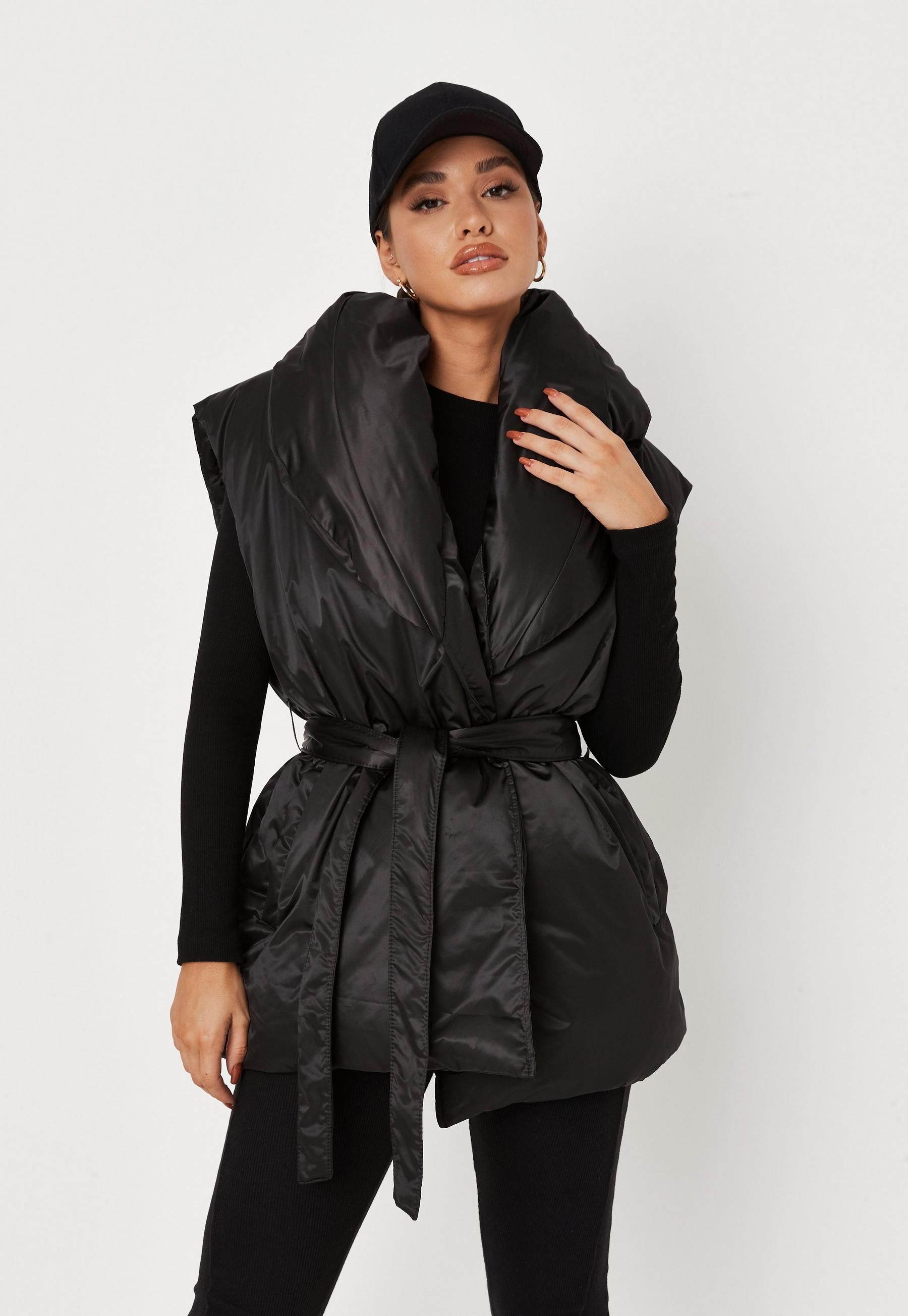 Missguided - Black Shawl Collar Belted Puffer Vest | Missguided (US & CA)