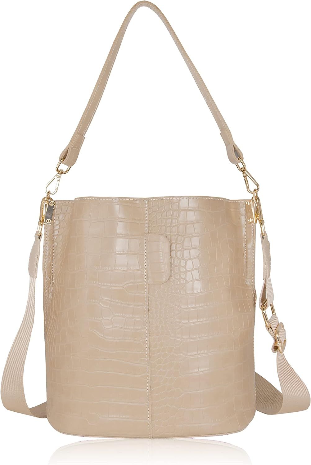 Women's Bucket Bag and Purses Crocodile Leather Crossbody Shoulder Handbags with 2 Straps Large C... | Amazon (US)