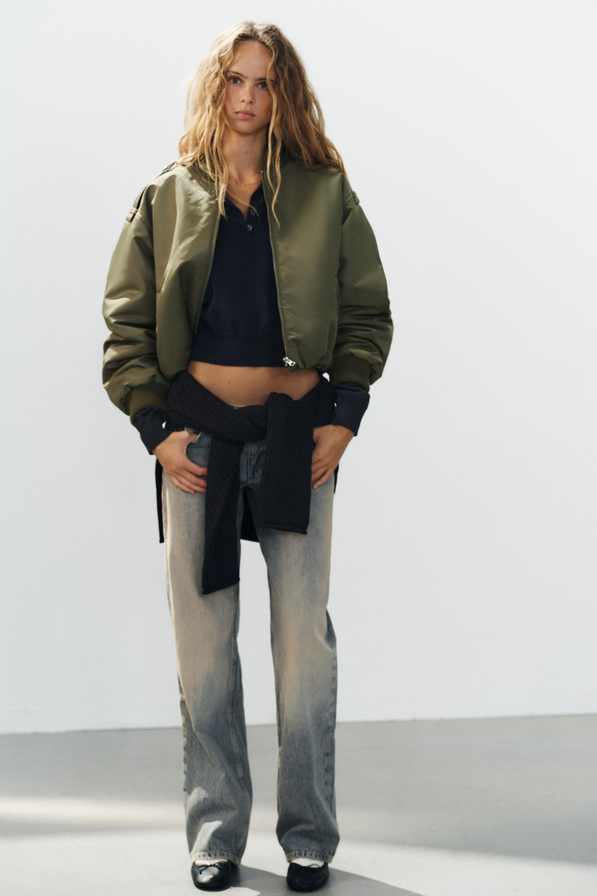 Zara - Bomber Jacket With Tabs - Dark Khaki - Xs - Woman | Zara US