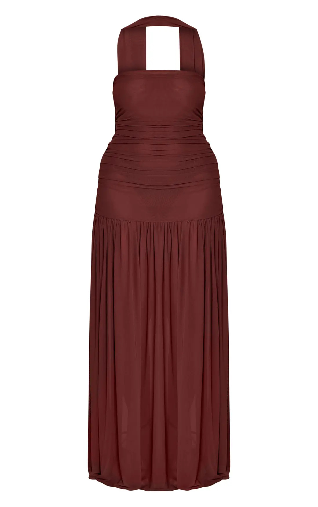 Shape Chocolate Ruched Scarf Dropped Waist Maxi Dress | PrettyLittleThing US